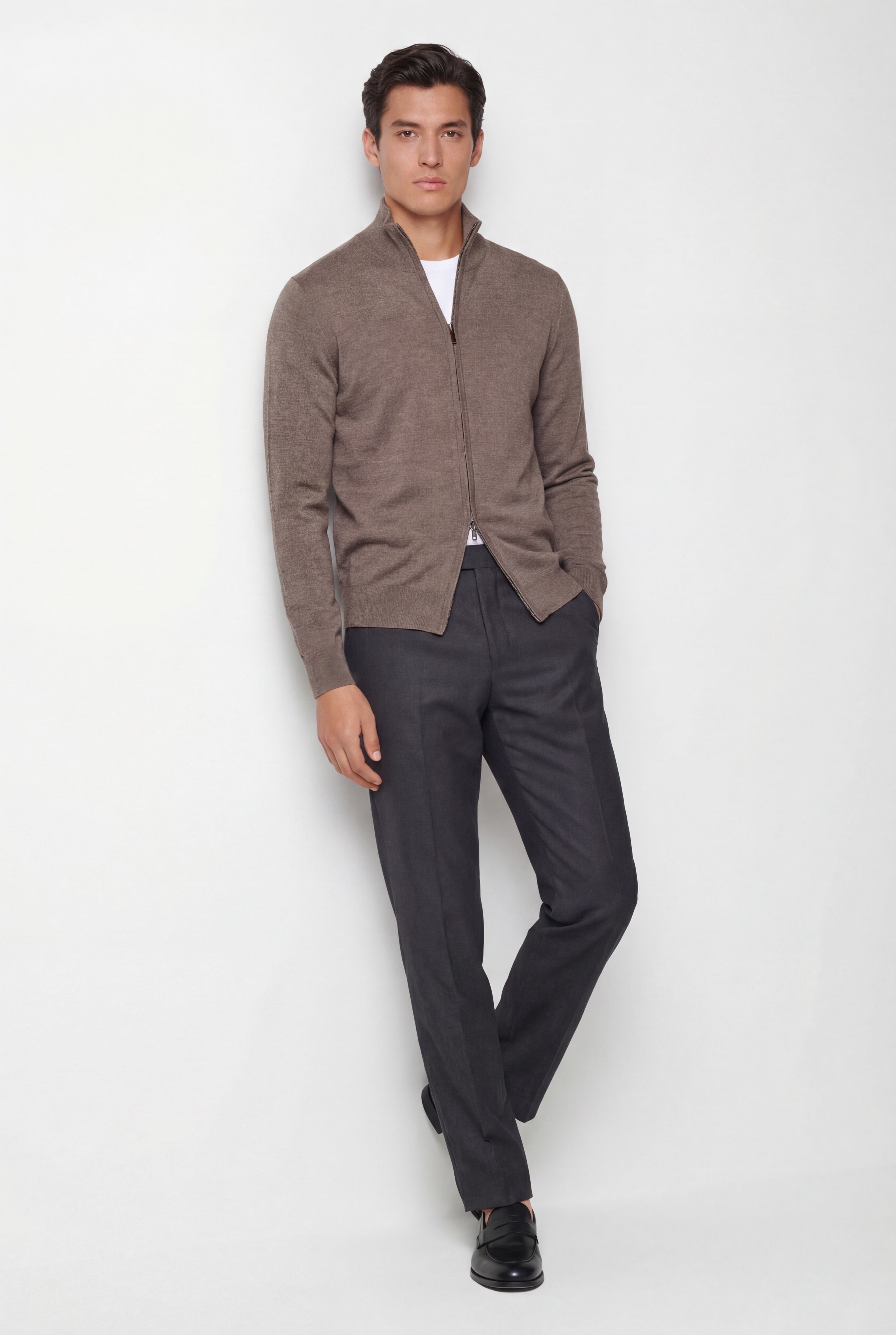 Zip Knit Cardigan – Taupe – 100% Extra-Fine Merino Wool - Gabriel Collezione