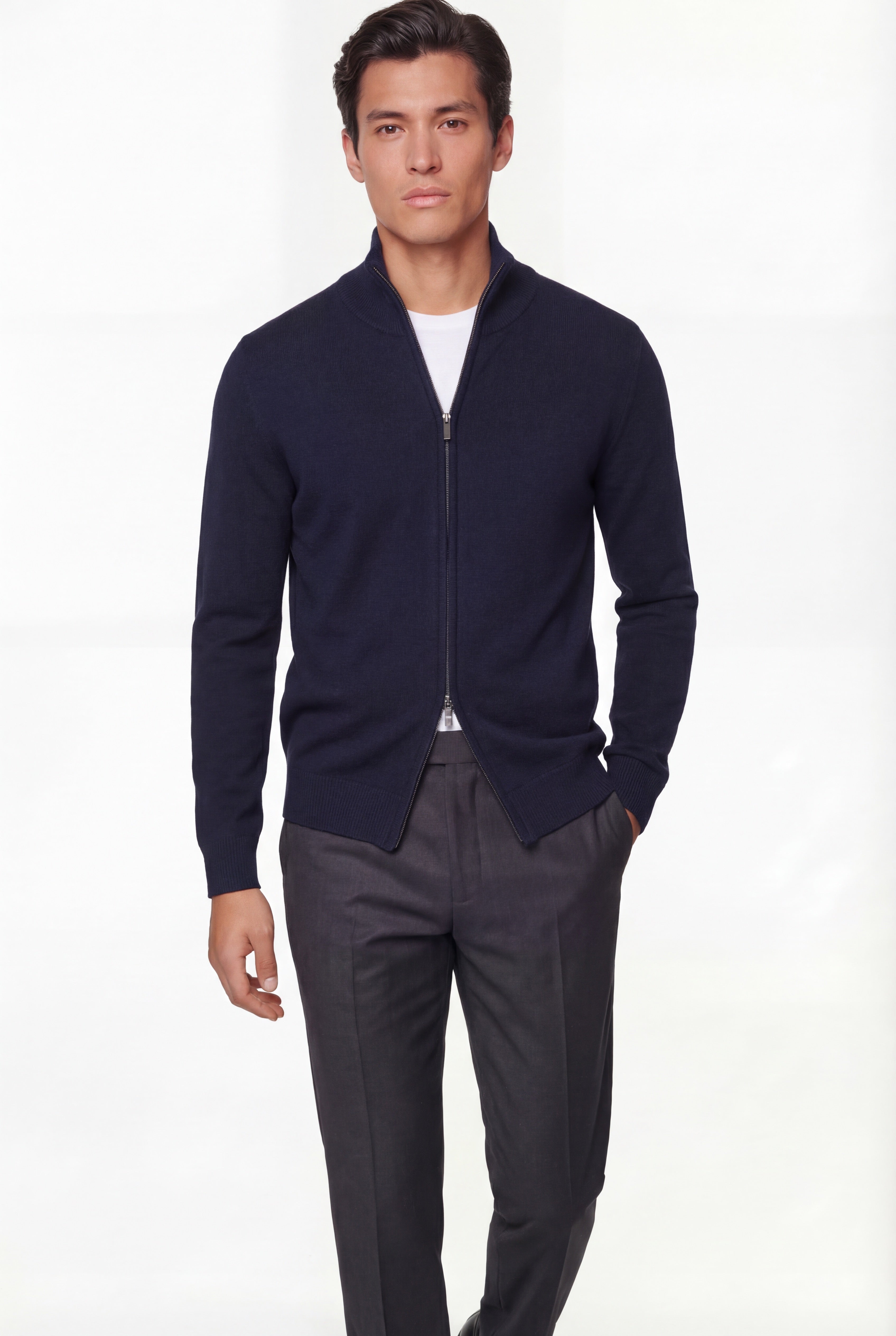 Zip Knit Cardigan – Navy Blue – 100% Extra-Fine Merino Wool - Gabriel Collezione