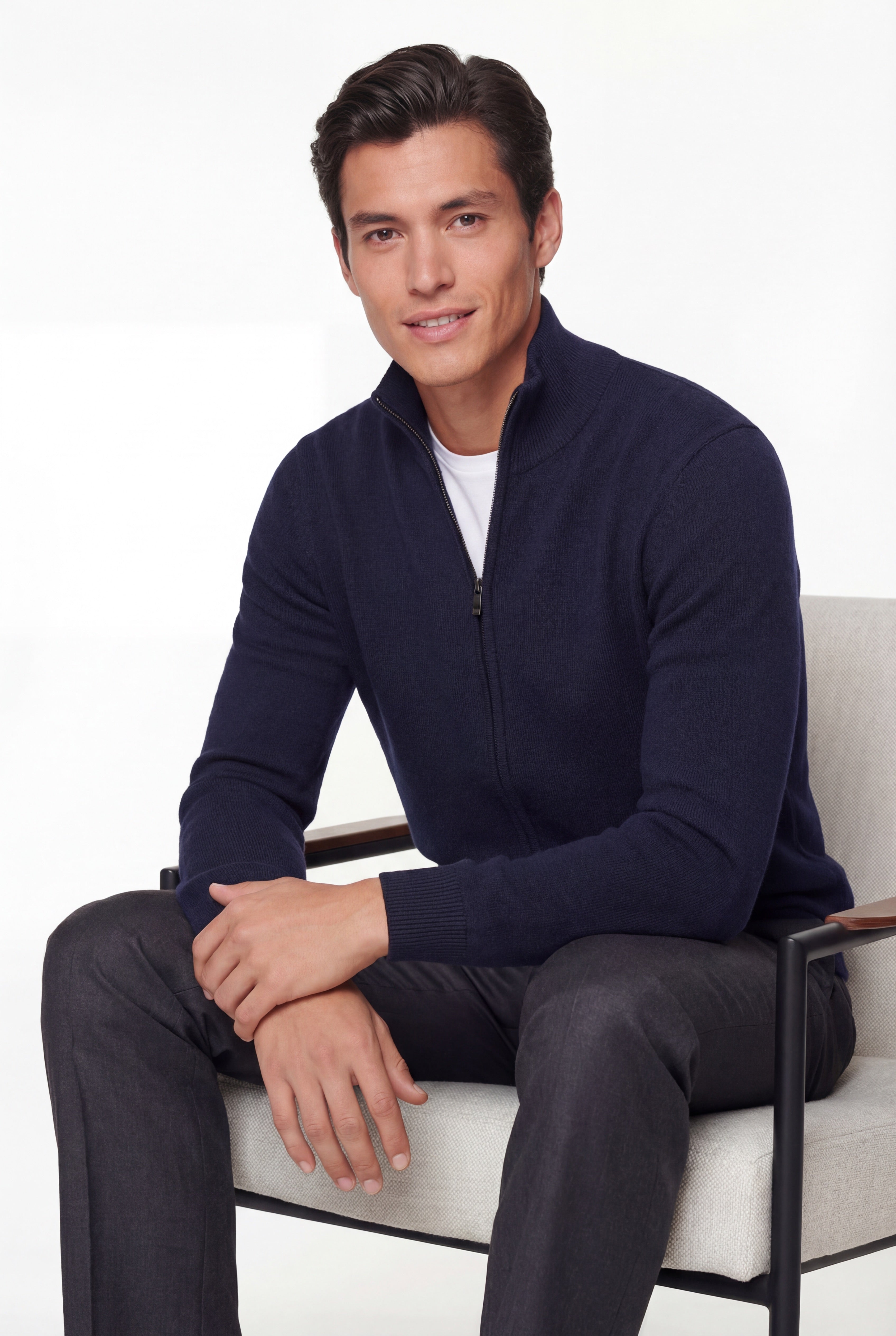 Zip Knit Cardigan – Navy Blue – 100% Extra-Fine Merino Wool