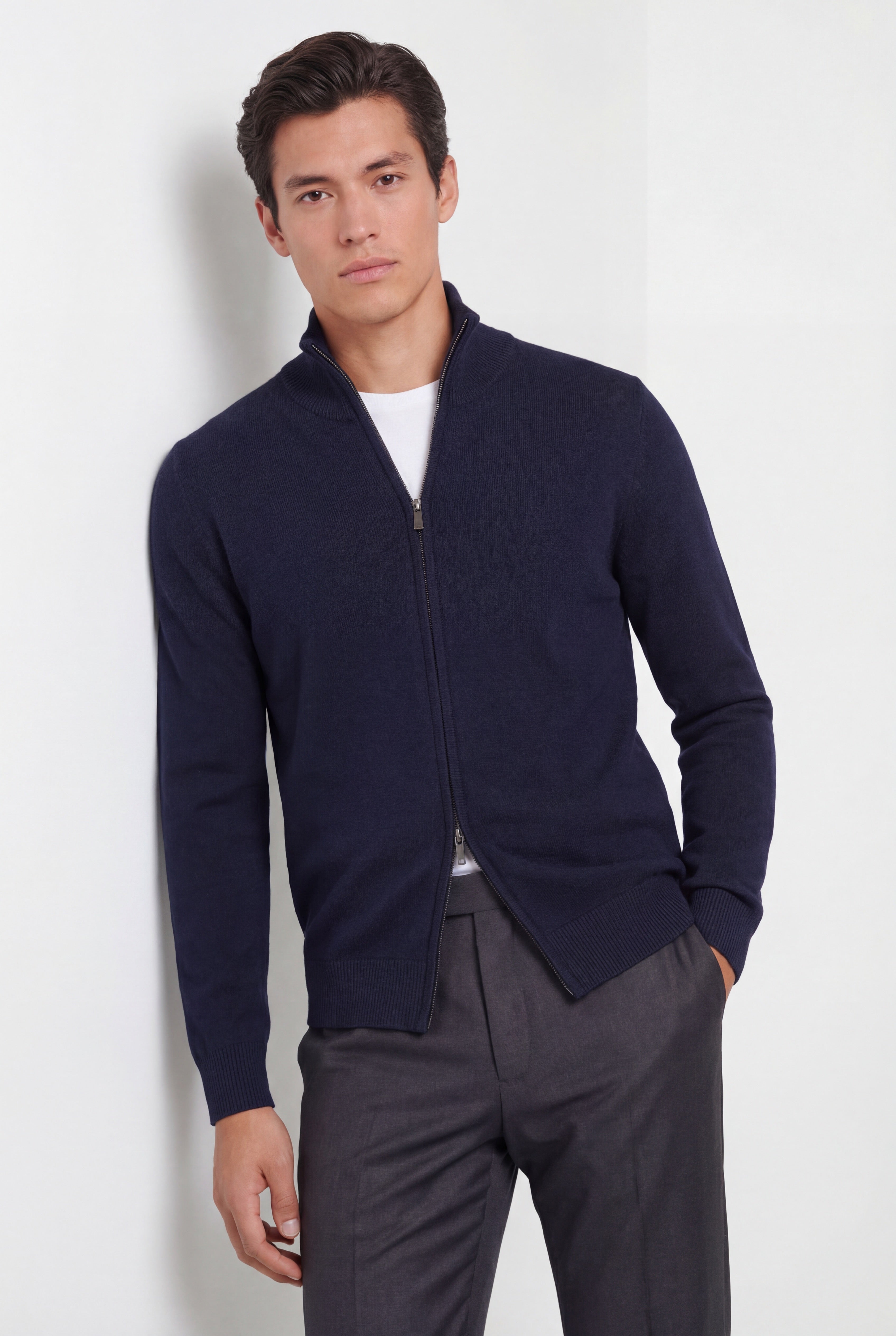 Zip Knit Cardigan – Navy Blue – 100% Extra-Fine Merino Wool