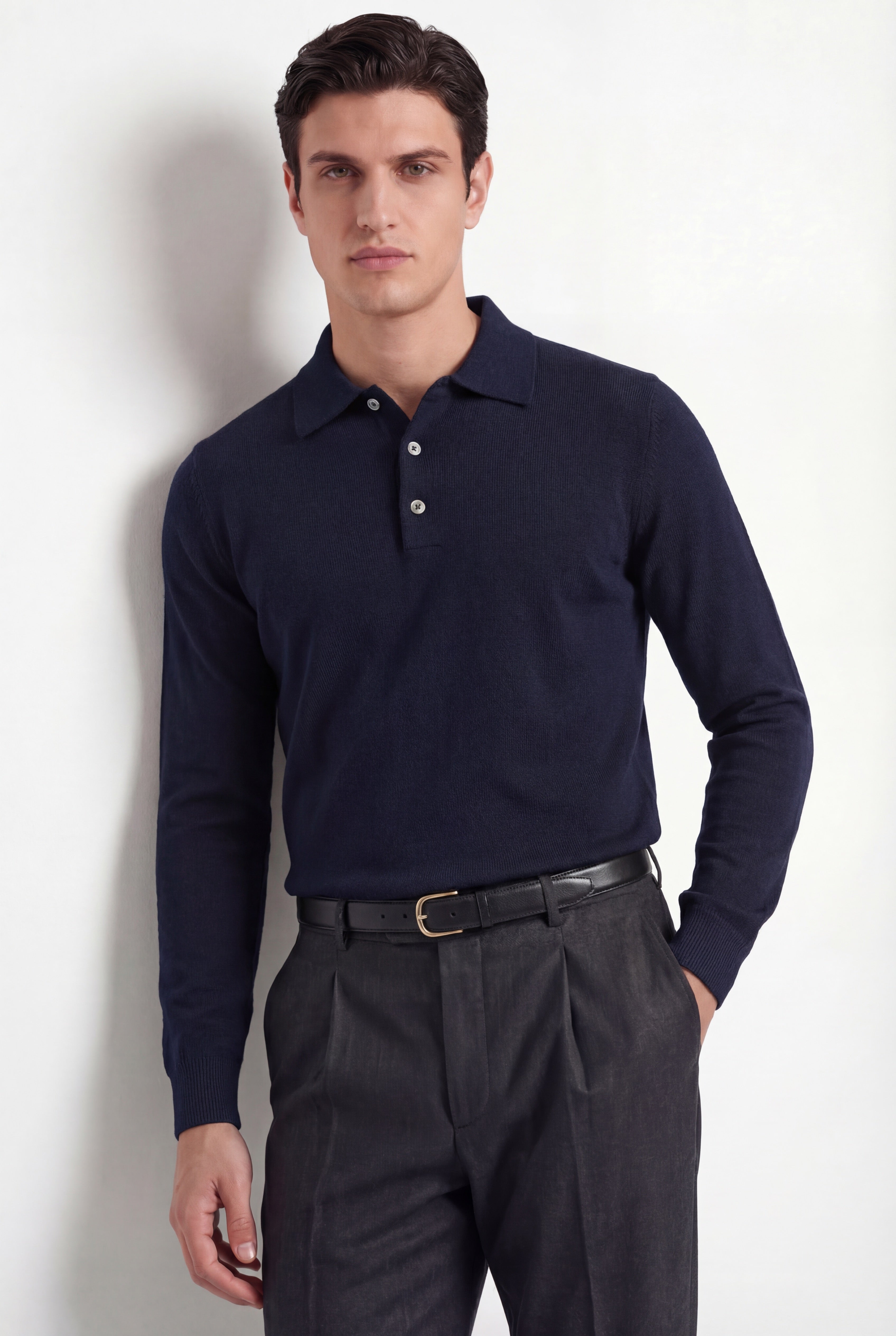 Merino Knit Polo – Navy – 100% Superfine Virgin Wool - Gabriel Collezione