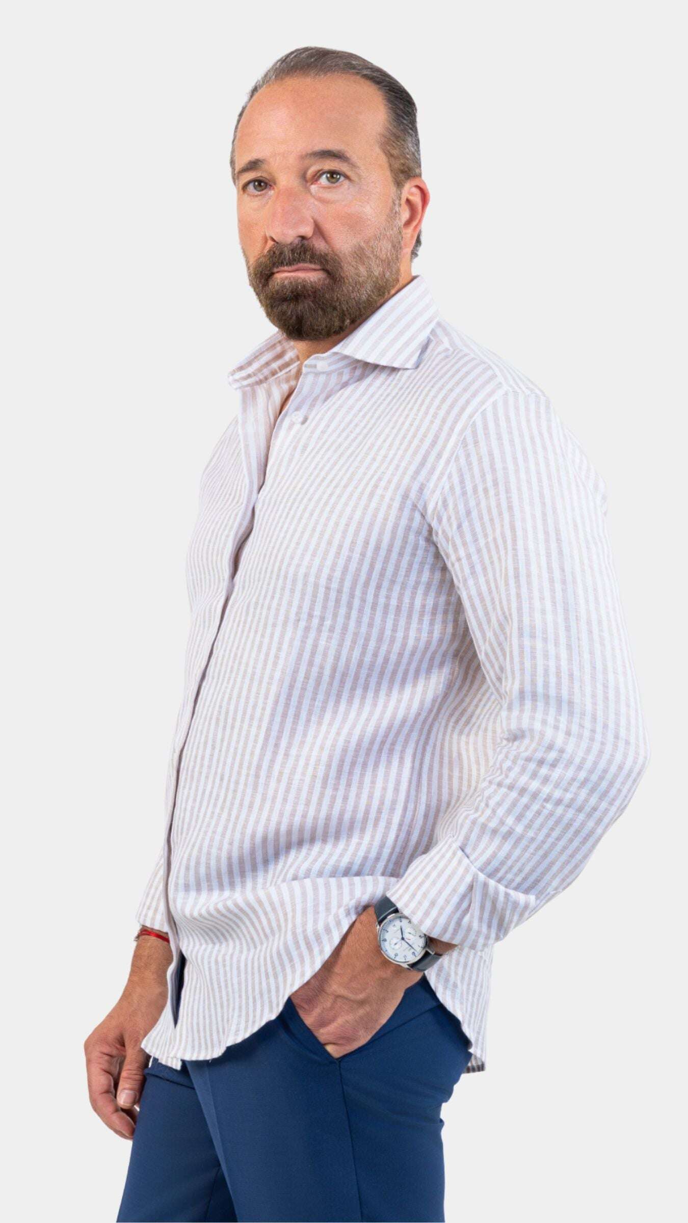 Napoli Cream Linen Striped Shirt - Gabriel Collezione