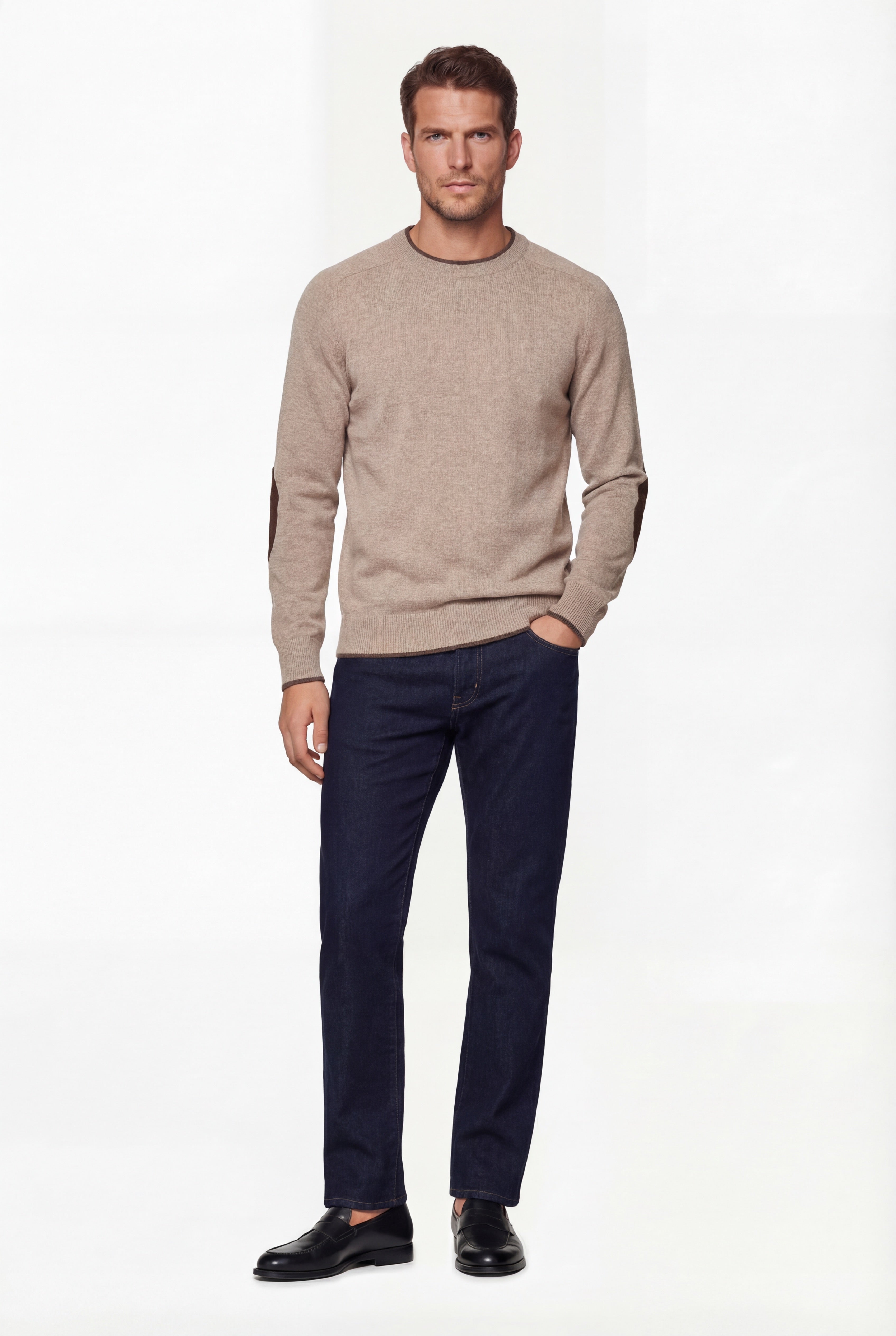 Crew Neck Knit Sweater – Beige – Merino Wool & Cashmere