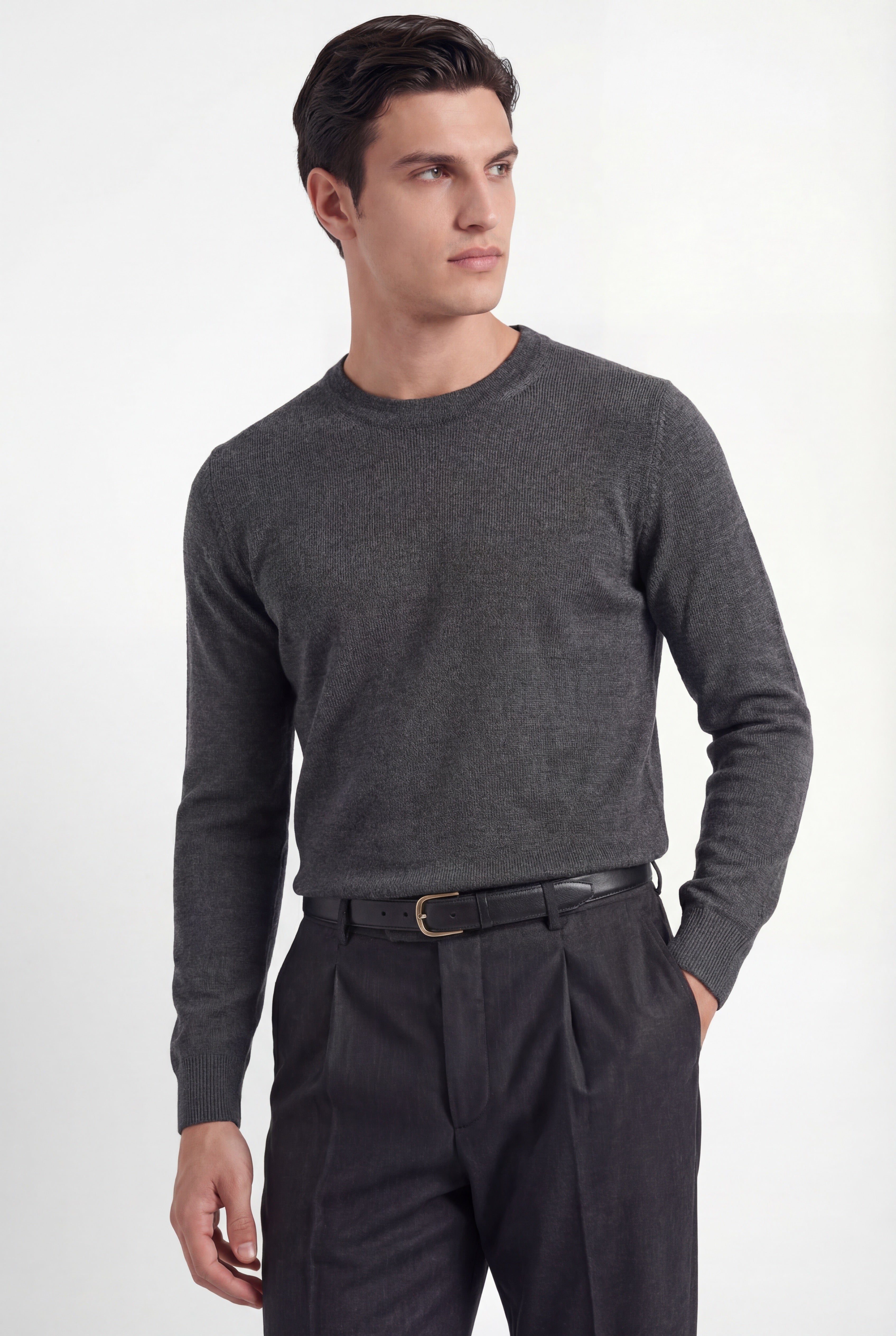 Pull à col rond – Gris anthracite – Mélange laine et soie