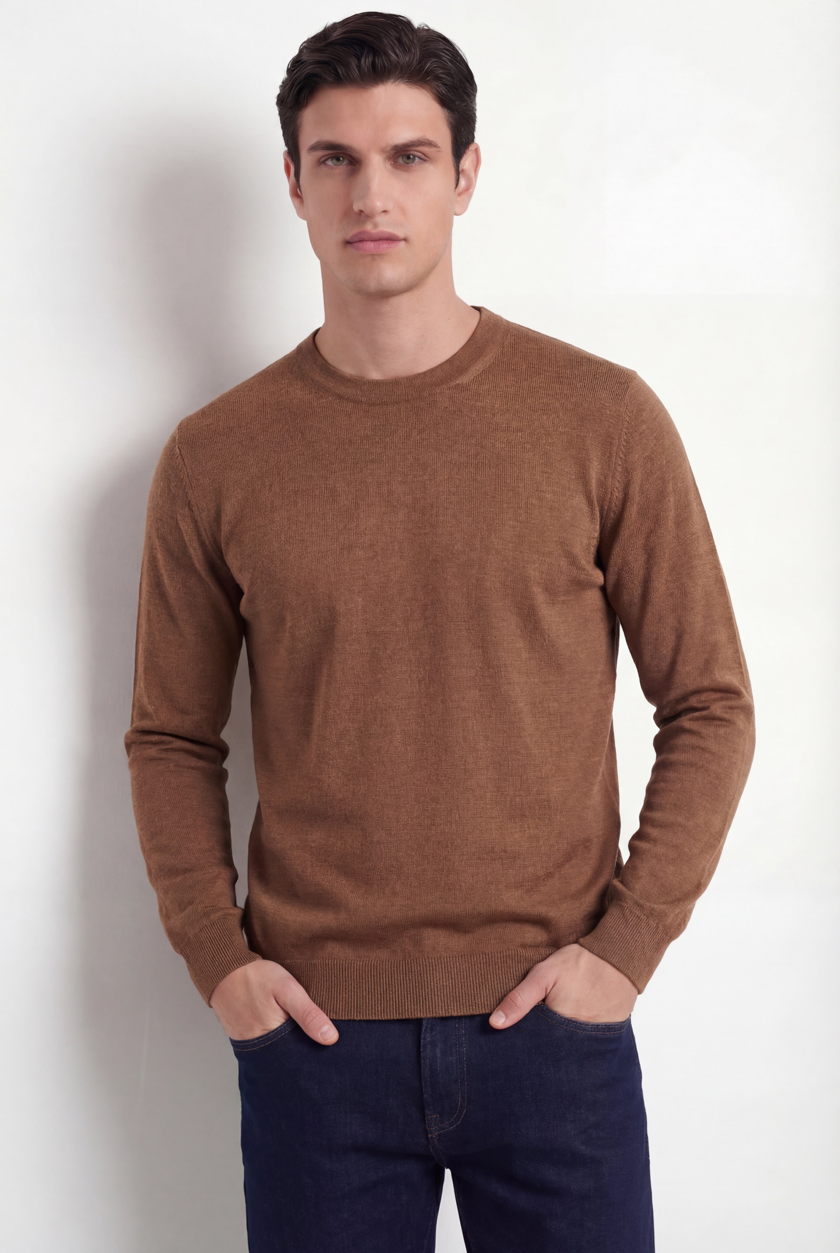 Pull col rond – Cognac – Mélange laine & soie