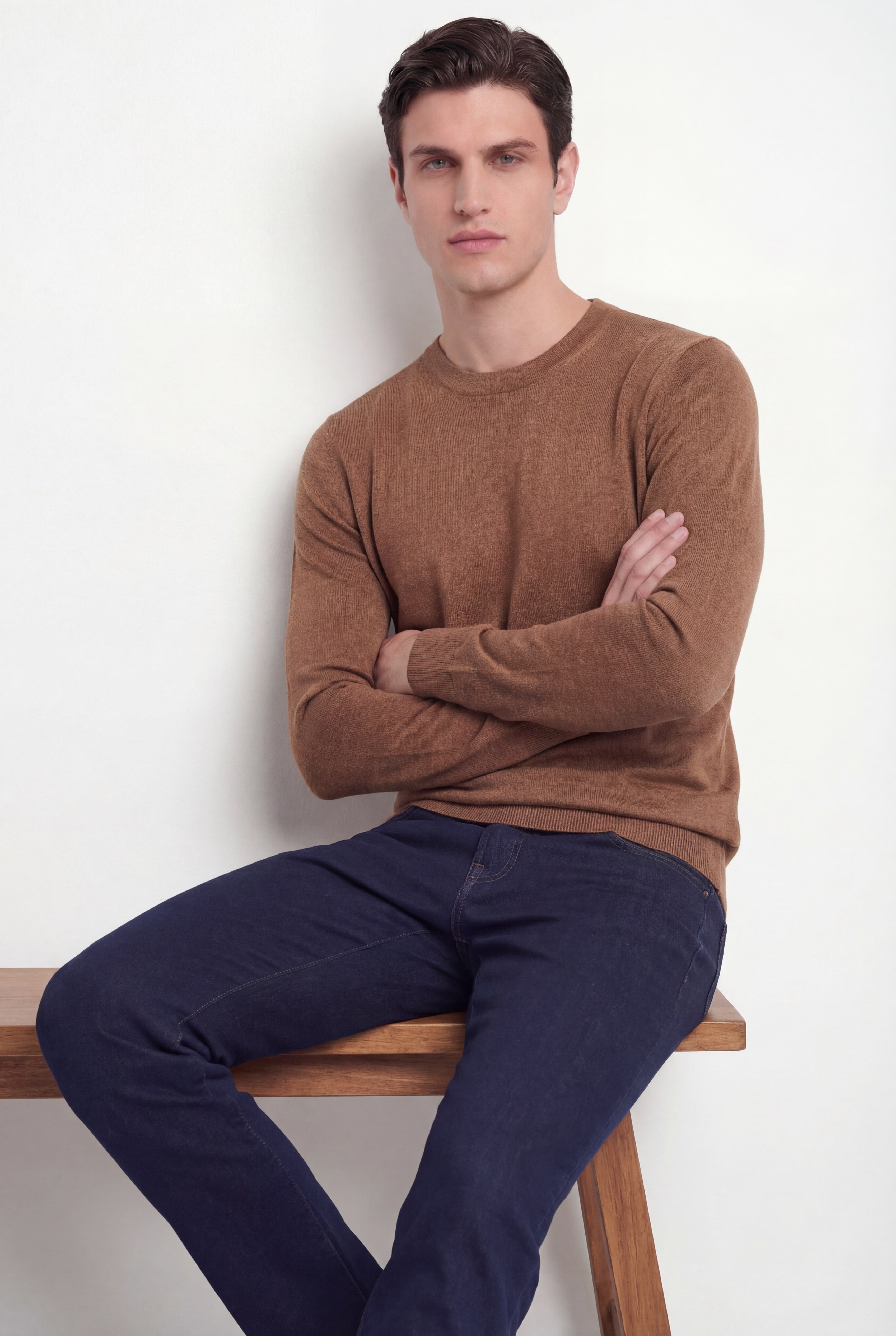 Pull col rond – Cognac – Mélange laine & soie