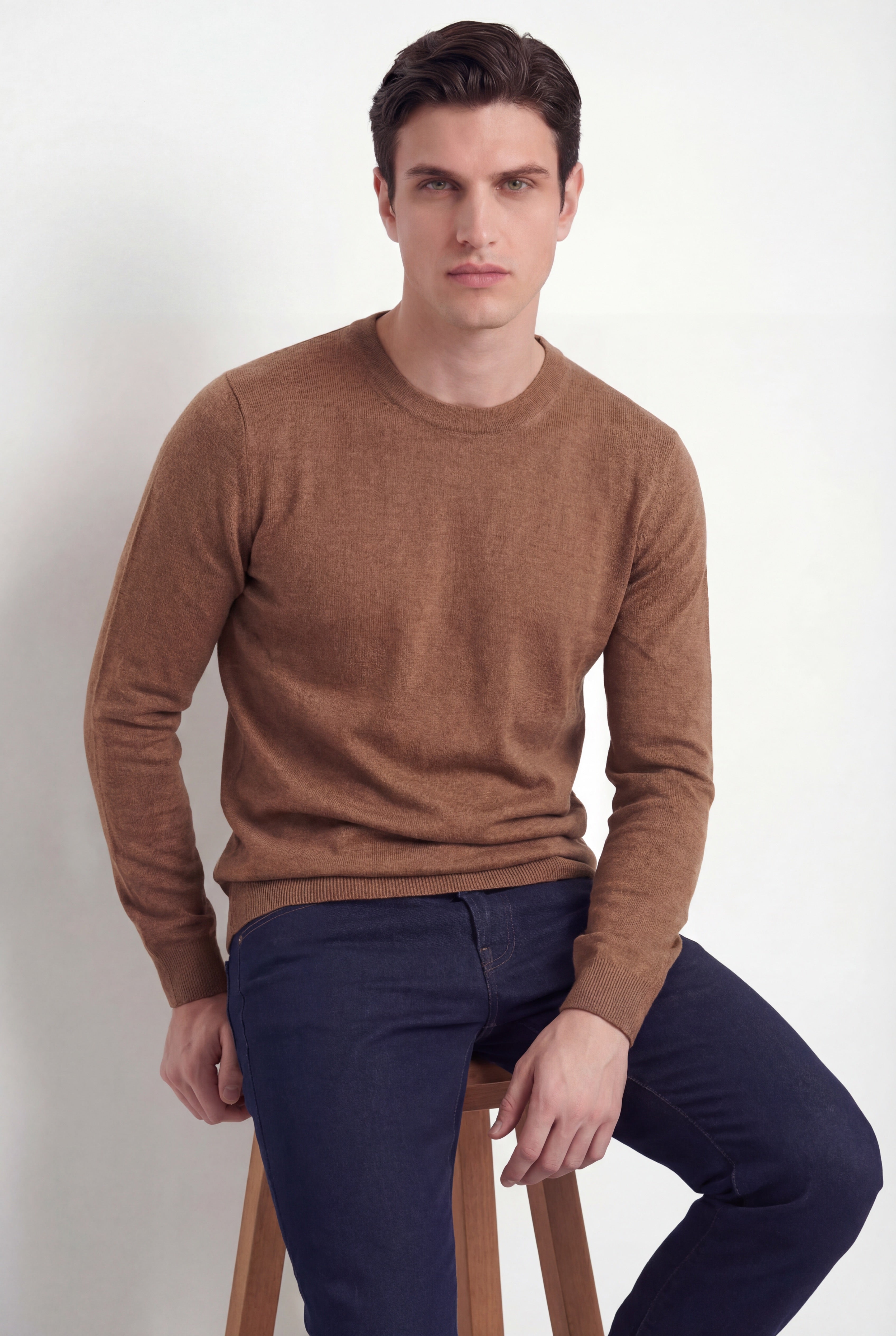Pull col rond – Cognac – Mélange laine & soie