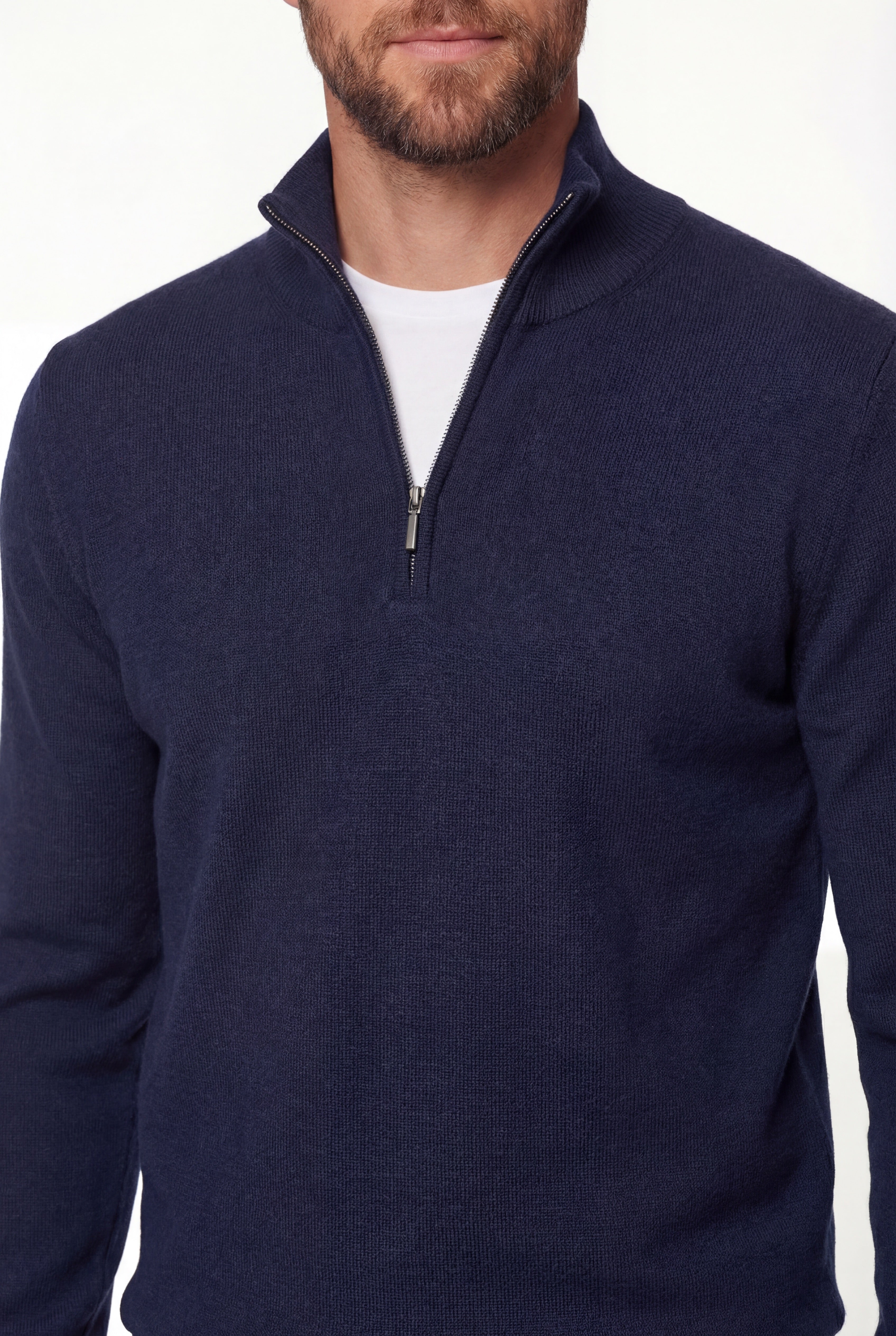 Half-Zip Knit Sweater – Navy Blue – 100% Extra-Fine Merino Wool